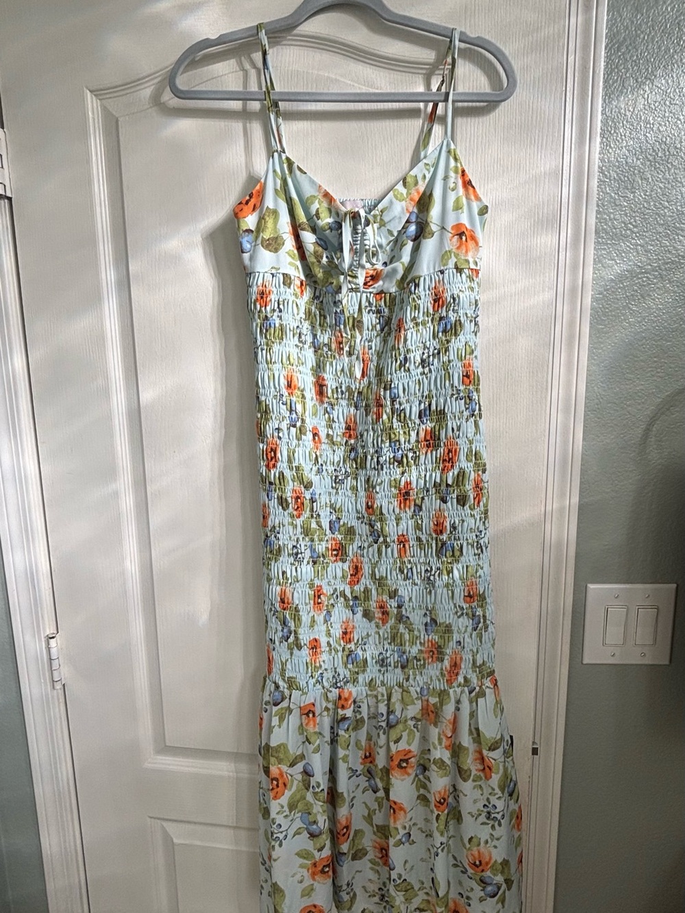 Chelsea28 Light Blue Floral Smocked Maxi Dress with Orange Accents